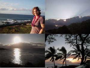 Clockwise L-R: me in a lei Ho'okipa Lookout in Paia my first day in Maui, silver lining on the clouds at sunset, maui sunset, glowing sunset
