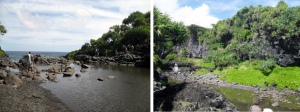 Seven Sacred Pools. Left is looking out towards the water. Right is looking in at the waterfall.