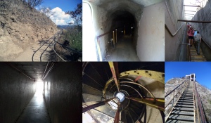 Top row L-R: trail of switchbacks up the mountain, narrow dark tunnel, 100 stairs. Bottom row L-R: dark tunnel, spiral staircase, last set before the tippy top of DH.